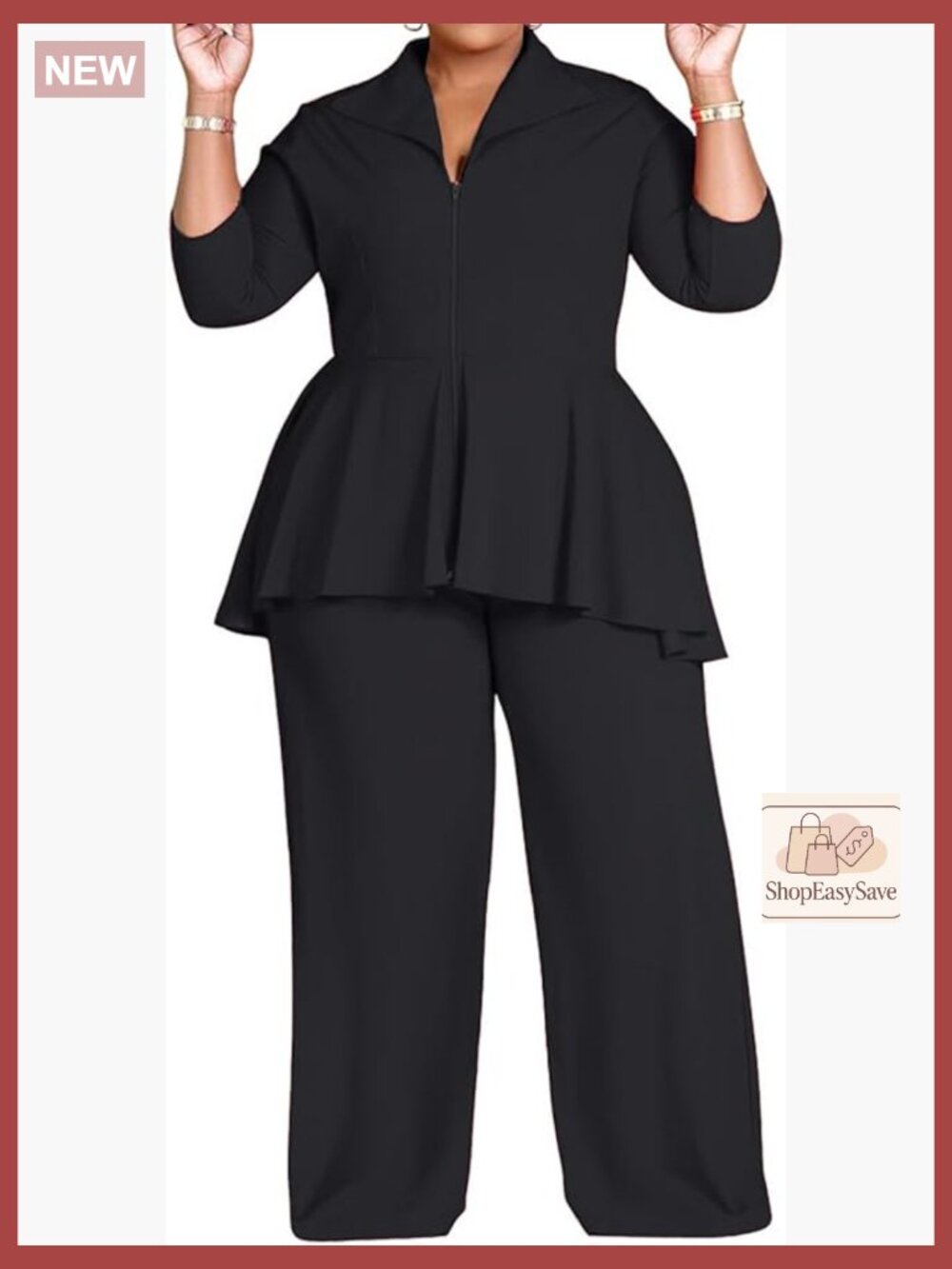 Two Piece Long Sleeve Zip Up Peplum Jacket Wide Leg Pant Suit Set Dressy - Picture 1 of 7